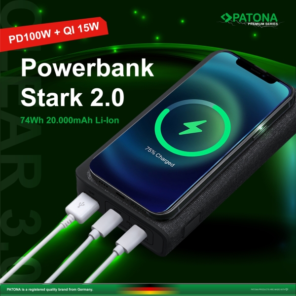 PATONA Premium Powerbank Stark 2.0 PD100W 20.000mAh, QI kabelloses laden, 2xUSB-C 1xUSB-A Port