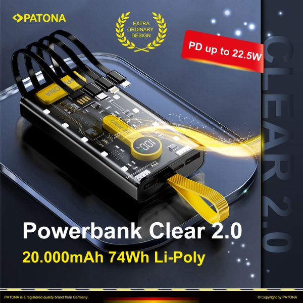 PATONA Powerbank Clear 2.0 PD22.5W 20.000mAh mit 4 integrierten Ladekabel