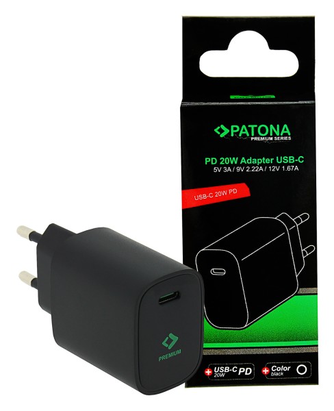 PATONA Premium PD20W Adapter 5V/3A 9V/2.22A 12V/1.67A USB-C PD3.0 QC3.0 schwarz
