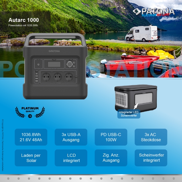 PATONA Platinum Powerstation Autarc 1000 / 1000W 1000Wh PD100W USB5V/2.4A DC12/10A DC5525