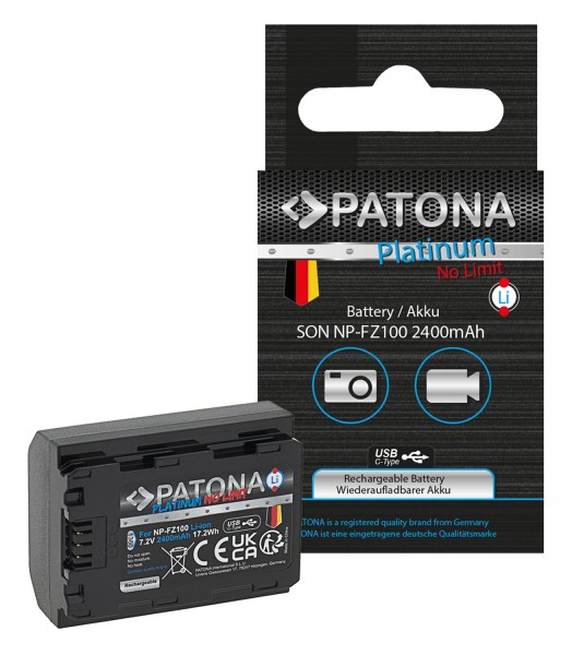 PATONA Platinum Akku mit USB-C Input f. Sony NP-FZ100 A7 III A7M3 Alpha 7 III A7 R III A7RM3 Alpha 7 R III A9 Alpha 9