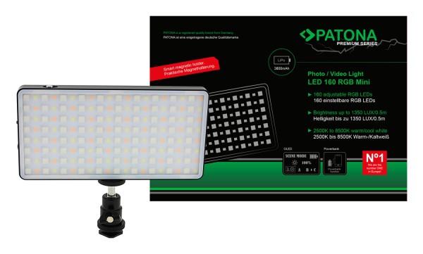PATONA Premium LED Foto und Videolicht mit 160 einstellbaren RGB LEDs und 3 Szenen