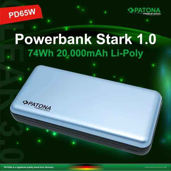 PATONA Premium Powerbank Stark 1.0 PD65W 20.000mAh avec 2 câbles de charge intégrés USB-C Lightning