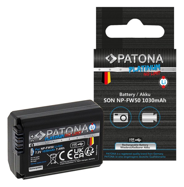PATONA Platinum Akku mit USB-C Input f. Sony NP-FW50 NEX.3 NEX.3C NEX.5 NEX.5A