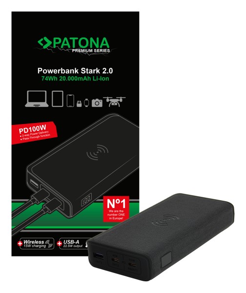 PATONA Premium Powerbank Stark 2.0 PD100W 20000mAh, QI kabelloses laden, 2xUSB-C 1xUSB-A Port