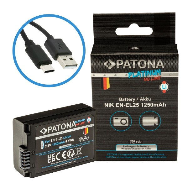 PATONA Platinum Akku mit USB-C Input für Nikon EN-EL25 Nikon Zfc Nikon Z50 Nikon Z30