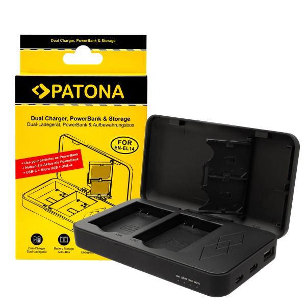 PATONA Dual Ladegerät mit Powerbankfunktion und Speicherkartenaufbewahrung für Nikon EN-EL14 P7000 P7100 P7700 D3100 D5100 D5600