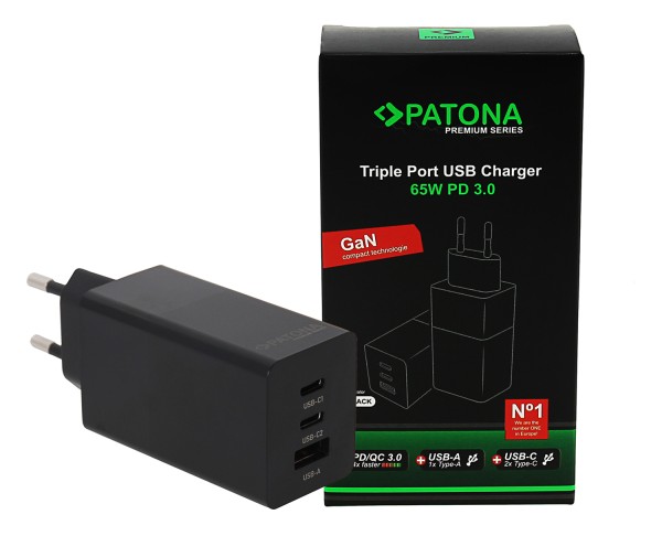 PATONA Premium GaN PD65W Adapter 2xUSB-C 1xUSB-A PD3.0 QC3.0