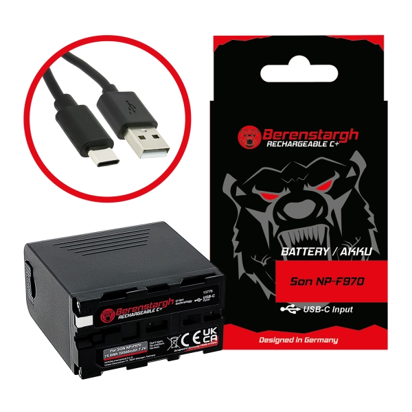 Berenstargh Akku mit USB-C in/out für Sony NP-F970 F960 F950 PD20W USB-A 5V/2A PTC